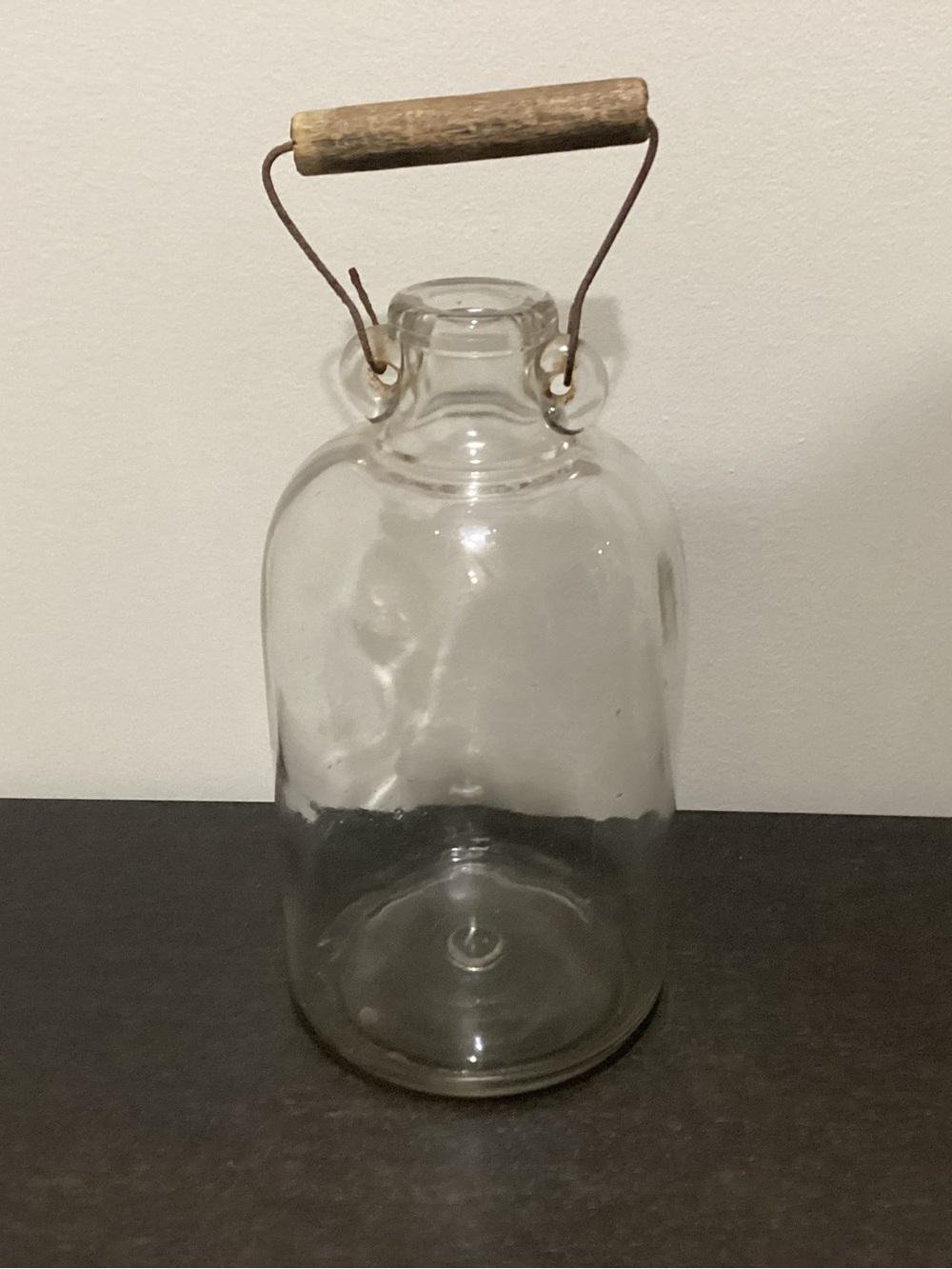 Vintage/Antique? 1 Gallon clear glass jug with traditional wire bail and wooden